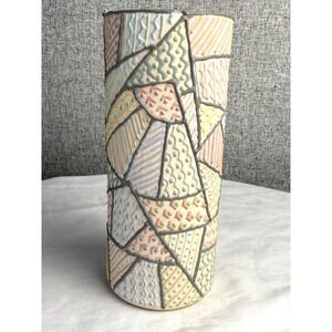 Vintage 80s Deco Style Geometric Studio Pottery Vase Voss 1986 Pink Green Blue